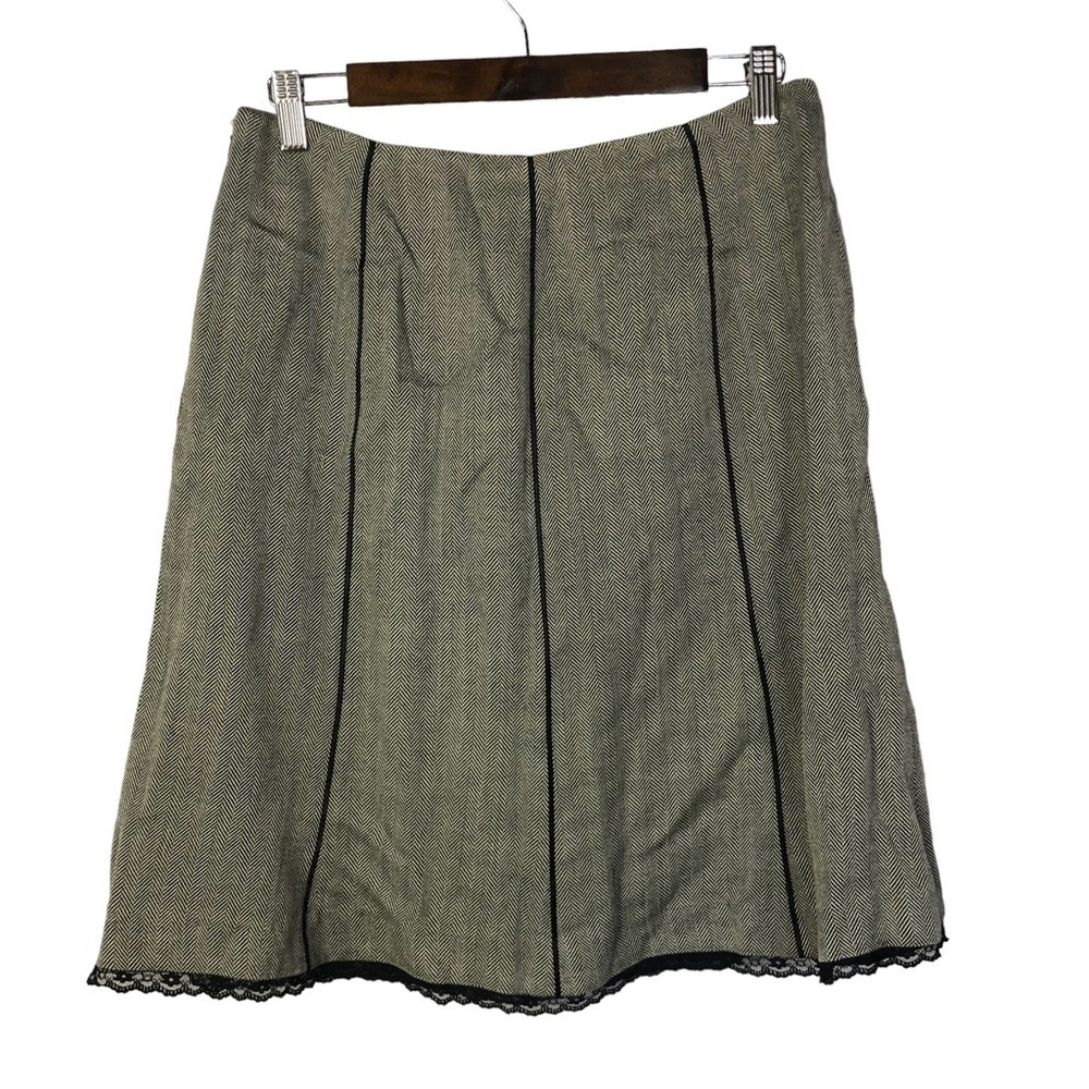 Oscar De La Renta Petite Gray Herringbone Lace Trim A-Line Skirt 8P